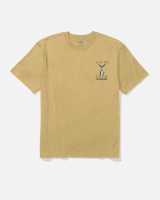 Beige t-shirt with a logo on the chest against a white background