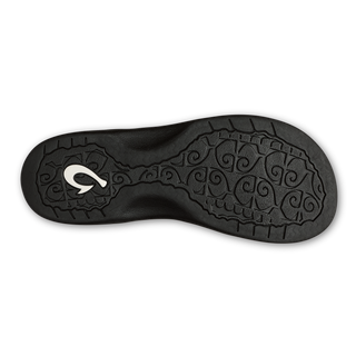 OluKai Women's 'Ohana Sandal in White Sand/Onyx — water-resistant synthetic straps, quick-drying jersey knit lining, EVA midsole with ICEVA footbed, and non-marking rubber outsole