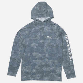 Dark navy Salty Crew Mariner Lite UV hoodie with sun-protective stretch fabric, snap hood closure, and printed sleeve graphics.