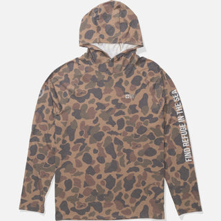 Camouflage hoodie with text on sleeve against a white background