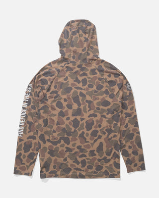 Camouflage hoodie with text on sleeves against a white background