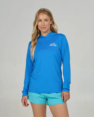 Bold blue Salty Crew hooded sunshirt with long sleeves, printed chest and back graphics, and lightweight stretch performance fabric.