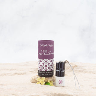 Sensual Sugared Sandalwood 1 mL Mini Keychain Rollerball by Mixologie, with raspberry, violet, and sandalwood notes.