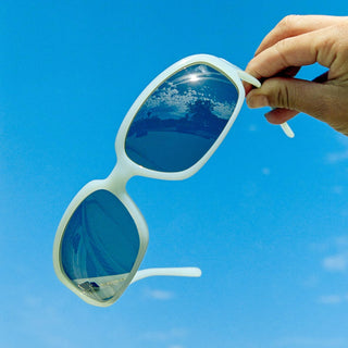 Crap Eyewear Stone Echo in Aqua Bio/Medium Smoke — bioacetate fashion wraparound, CR-39 lenses, 100% UV protection, spring hinges, wire cores, Rx-ready