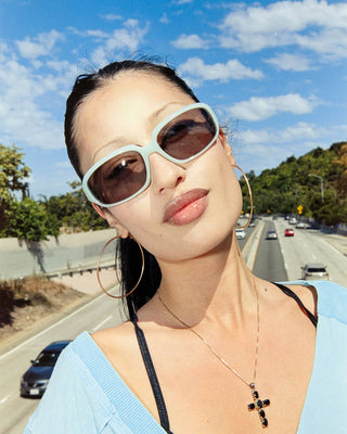 Crap Eyewear Stone Echo in Aqua Bio/Medium Smoke — bioacetate fashion wraparound, CR-39 lenses, 100% UV protection, spring hinges, wire cores, Rx-ready