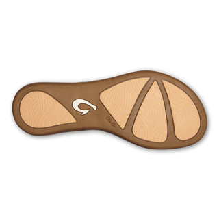 Olukai Honu women's leather beach sandals, laser-etched honu design, bright white, golden sand, durable grip.