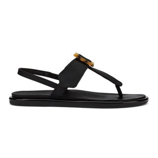 OluKai La'i T-Bar Women's Sandal in Black/Black — stretchable strap, tubular toe post, tortoise shell buckle, cushioned footbed, back strap design
