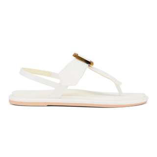 OluKai La'i T-Bar Women's Sandal in White/White — stretchable strap, tubular toe post, tortoise shell buckle, cushioned footbed, back strap design