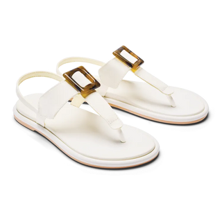 OluKai La'i T-Bar Women's Sandal in White/White — stretchable strap, tubular toe post, tortoise shell buckle, cushioned footbed, back strap design