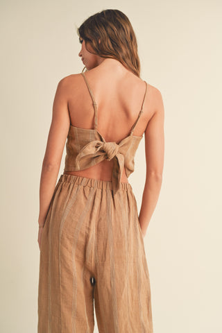 Miou Muse Straw-colored textured cropped tank top, linen-cotton-polyester blend.