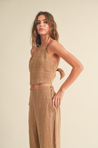 Miou Muse Straw-colored textured cropped tank top, linen-cotton-polyester blend.