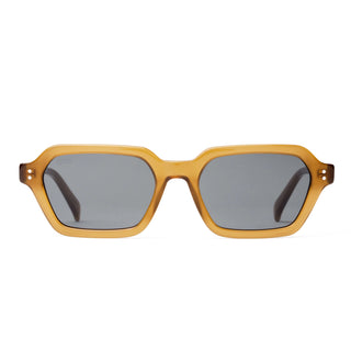 Otis Eyewear Metric sunglasses in Eco Milky Yellow with Neutral Grey mineral glass lenses, sleek square silhouette thin handmade eco acetate frame with distinctive wire core detail, Viscottica hinges, stainless steel screws, OTIS logo temple tip, 100% UVA UVB protection