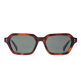 Otis Eyewear Metric sunglasses in Eco Red Tort with Grey Polar polarized mineral glass lenses, sleek square silhouette thin handmade eco acetate frame with distinctive wire core detail, Viscottica hinges, stainless steel screws, OTIS logo temple tip, 100% UVA UVB protection