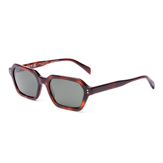 Otis Eyewear Metric sunglasses in Eco Red Tort with Grey Polar polarized mineral glass lenses, sleek square silhouette thin handmade eco acetate frame with distinctive wire core detail, Viscottica hinges, stainless steel screws, OTIS logo temple tip, 100% UVA UVB protection
