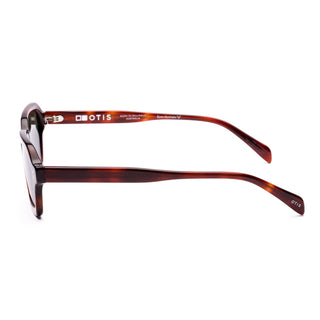 Otis Eyewear Metric sunglasses in Eco Red Tort with Grey Polar polarized mineral glass lenses, sleek square silhouette thin handmade eco acetate frame with distinctive wire core detail, Viscottica hinges, stainless steel screws, OTIS logo temple tip, 100% UVA UVB protection