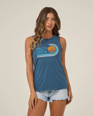 Salty Crew Ombre Wave muscle tank in Midnight Navy with sleeveless cotton design and front chest graphic.