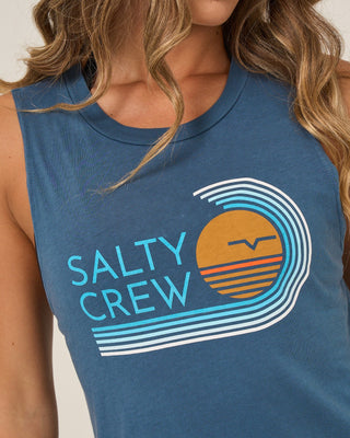 Salty Crew Ombre Wave muscle tank in Midnight Navy with sleeveless cotton design and front chest graphic.
