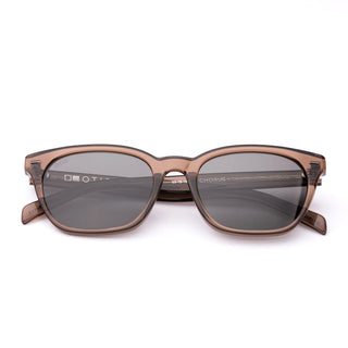 Otis Eyewear Chorus sunglasses in Eco Crystal Birch with Neutral Grey Polar polarized mineral glass lenses, slim wayfarer silhouette handmade eco acetate frame with crystal acetate elevated wire core temples, pin detailing at front, Viscottica hinges, stainless steel screws, 100% UVA UVB protection