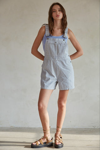 By Together woven cotton-polyester striped wide-leg denim overalls shorts with pockets.