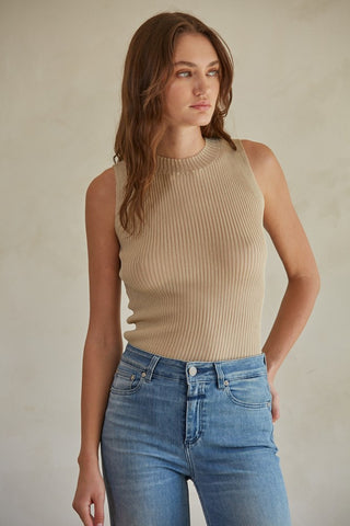 By Together The Katie Top in Taupe, knit sweater, ribbed mock neck, sleeveless, fitted design.