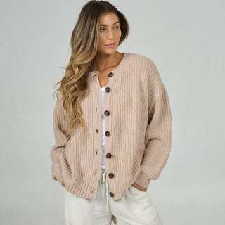 Salty Crew Mariner Cardigan Oatmeal with oversized crew neck, ribbed knit texture, button front, and recycled polyester blend.