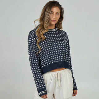 Salty Crew Starlight Sweater Dark Navy with jacquard knit pattern, crew neck design, and boxy relaxed silhouette.