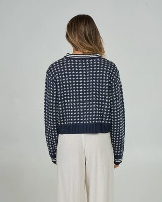Salty Crew Starlight Sweater Dark Navy with jacquard knit pattern, crew neck design, and boxy relaxed silhouette.
