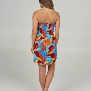 Chili pepper red Salty Crew strapless cover up with smocked bodice and ruffle trim, wearable as mini dress.