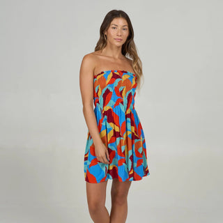 Chili pepper red Salty Crew strapless cover up with smocked bodice and ruffle trim, wearable as mini dress.