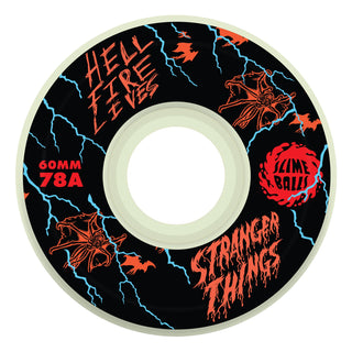 Santa Cruz Stranger Things Meek Slasher Eddie 60mm glow-in-the-dark 78a Slime Balls skateboard wheels with OG Slime shape.