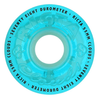 Ricta 55mm Clouds wheels in transparent blue with glow-in-the-dark green core for smooth cruising and night sessions.