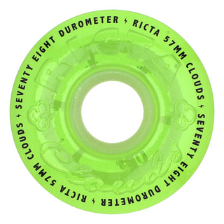Ricta Clouds 57mm transparent green skateboard wheels with glow-in-the-dark core, 78a hardness for cruising and smooth transportation.