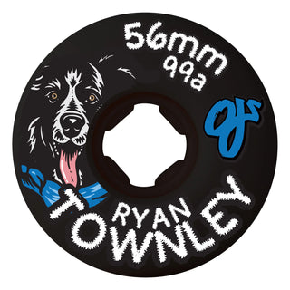 OJ Wheels 56mm Ryan Townley Pup Chubbies in 99a with super-wide shape, 2 white and 2 black wheels.

