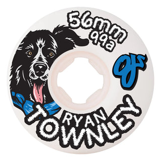 OJ Wheels 56mm Ryan Townley Pup Chubbies in 99a with super-wide shape, 2 white and 2 black wheels.

