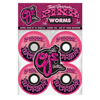 OJ Super Juice Pink Worms 60mm wheels, 78a soft urethane, glitter finish with black core and graphic.