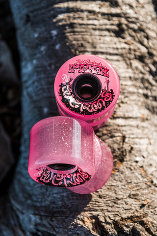 OJ Super Juice Pink Worms 60mm wheels, 78a soft urethane, glitter finish with black core and graphic.