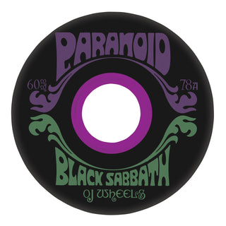 OJ Super Juice Black Sabbath Paranoid 60mm wheels, 78a black urethane with purple core and graphic artwork.
