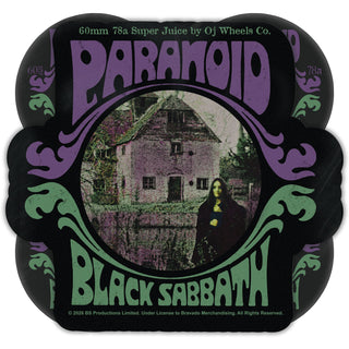 OJ Super Juice Black Sabbath Paranoid 60mm wheels, 78a black urethane with purple core and graphic artwork.