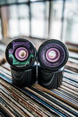 OJ Super Juice Black Sabbath Paranoid 60mm wheels, 78a black urethane with purple core and graphic artwork.