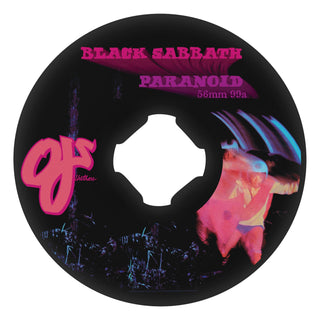 OJ Chubbies Black Sabbath Paranoid 56mm wheels, 99a black urethane with wide shape and graphic artwork.
