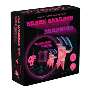 OJ Chubbies Black Sabbath Paranoid 56mm wheels, 99a black urethane with wide shape and graphic artwork.