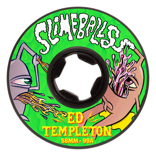 Slime Balls Ed Templeton Vomits 58mm wheels, 99a urethane, asymmetrical shape with black graphic artwork.