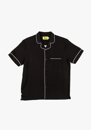 Black Poolside Retro Buttonup, short sleeve, tencel-linen blend, relaxed fit, eco-friendly.