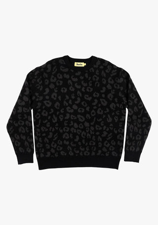 Black Leopard Crew Knit Sweater by Duvin Design, vintage-inspired with a relaxed fit.