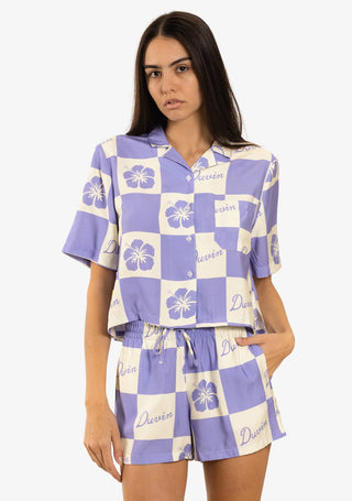 Duvin Hawaiian Checkered cropped buttonup with camp collar and side hem label.