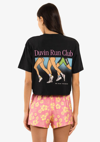 Duvin black "Run Club" Peruvian Pima Cotton crop tee with signature yellow label.