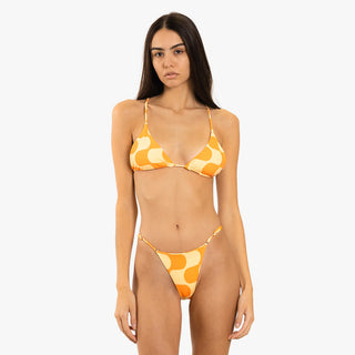 Duvin's Golden Hour Top available at Drift House, a glowing bikini top with a classic triangle silhouette, adjustable over-the-shoulder straps, and tie-back style.