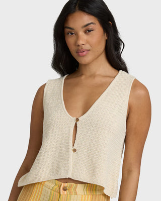 Billabong Need Now Sweater Tank in White Cap - cotton-blend knit tank with V neckline, button placket, and metal plate detail