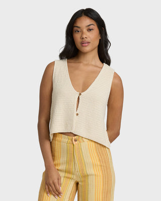 Billabong Need Now Sweater Tank in White Cap - cotton-blend knit tank with V neckline, button placket, and metal plate detail