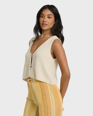 Billabong Need Now Sweater Tank in White Cap - cotton-blend knit tank with V neckline, button placket, and metal plate detail